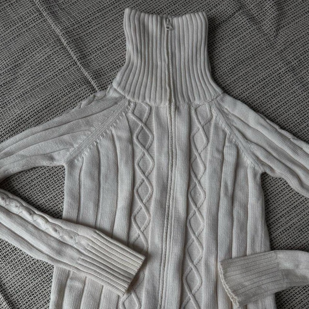 Turtleneck 90s 100% cotton vintage cable knit sweater zip up